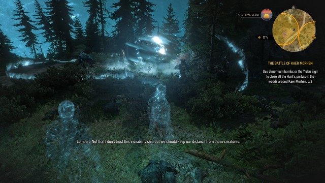 Use dimeritium bombs or the Yrden Sign to close all the Hunt's portals in the woods around Kaer Morhen. 0/3 / Kill the Wild Hunt warriors near the (center / left / right) portal in the forest.