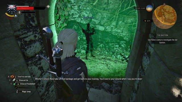 Find a tool that might help you investigate the old bastion. / Use Keira's lamp to investigate the old bastion.