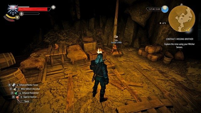 Find the missing brother in the mine near the Inn at the Crossroads. / Explore the mine using your Witcher Senses.