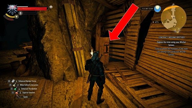 Find the missing brother in the mine near the Inn at the Crossroads. / Explore the mine using your Witcher Senses.