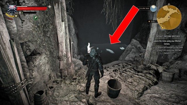 Find out where the monsters in the mine are coming from using your Witcher Senses. / (Optional) Use witcher Signs to destroy all the eggs  0/12 / Investigate the arachas' lair using your Witcher Senses.