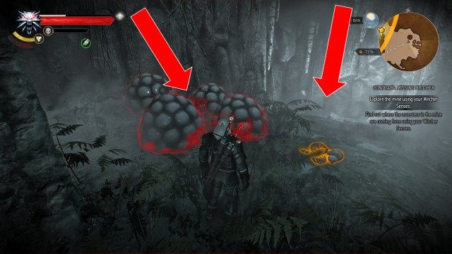 Find out where the monsters in the mine are coming from using your Witcher Senses. / (Optional) Use witcher Signs to destroy all the eggs  0/12 / Investigate the arachas' lair using your Witcher Senses.