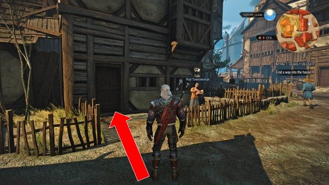 (Optional) Investigate the brothel and its surroundings using your Witcher Senses. / Follow the scent of perfume using your Witcher Senses. / Talk to the man who is acting strangely. / Find a way into the house.