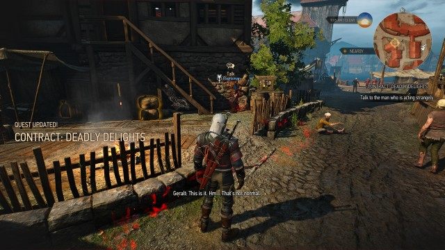 (Optional) Investigate the brothel and its surroundings using your Witcher Senses. / Follow the scent of perfume using your Witcher Senses. / Talk to the man who is acting strangely. / Find a way into the house.