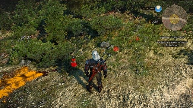 Find the ambush site. / Investigate the ambush site using your Witcher Senses.
