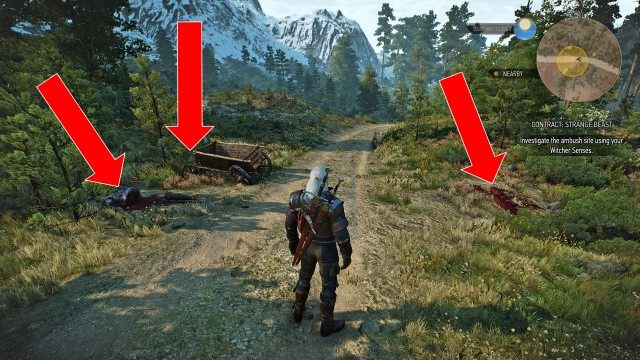 Find the ambush site. / Investigate the ambush site using your Witcher Senses.