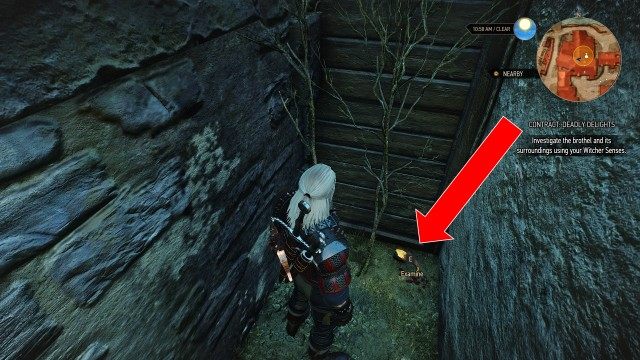 (Optional) Investigate the brothel and its surroundings using your Witcher Senses. / Follow the scent of perfume using your Witcher Senses. / Talk to the man who is acting strangely. / Find a way into the house.