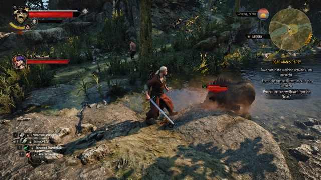 Use your Witcher Senses to find the fire swallower. / Escort the fire swallower back to the wedding. / Protect the fire swallower from the "bear" / (Optional) Inform the bride's mother about the fire swallower's fate. / Juggle to amuse the wedding guests.