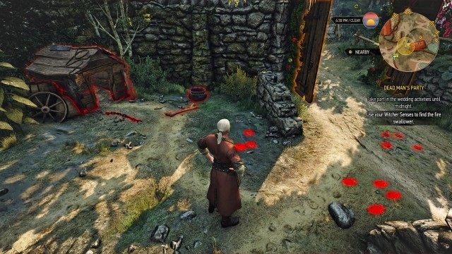 Use your Witcher Senses to find the fire swallower. / Escort the fire swallower back to the wedding. / Protect the fire swallower from the "bear" / (Optional) Inform the bride's mother about the fire swallower's fate. / Juggle to amuse the wedding guests.