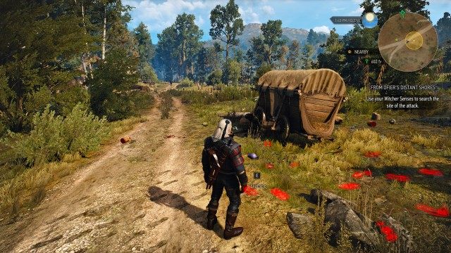 Look for the place where the Ofieri merchant was attacked. / Use your Witcher Senses to search the site of the attack.