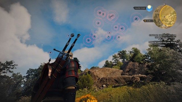 Follow the ravens using your Witcher Senses. / Find the griffin's nest. /  (Optional) Return after dark, when the griffin is in its nest.