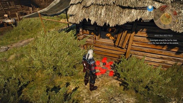 Investigate around the hut for clues about the man who fled out the window.