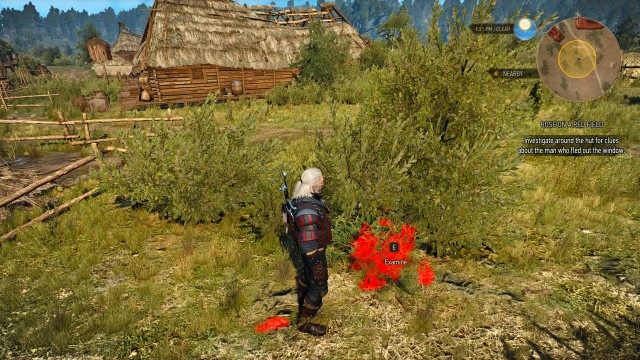 Investigate around the hut for clues about the man who fled out the window.