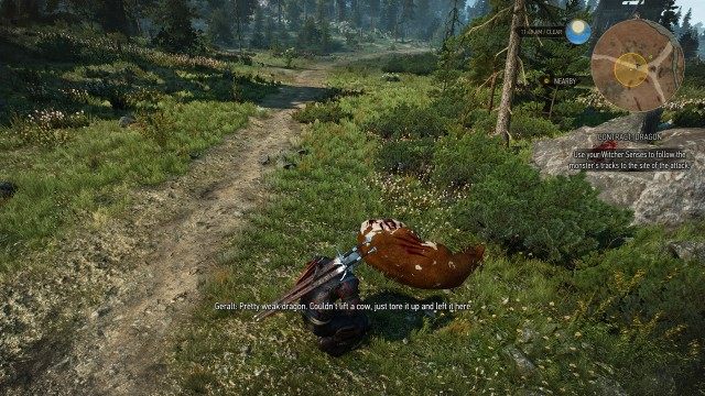 Use your Witcher Senses to follow the monster's tracks to the site of the attack.