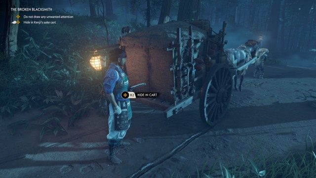 Hide in Kenji's sake cart / Remain hidden until you reach Azamo Bay