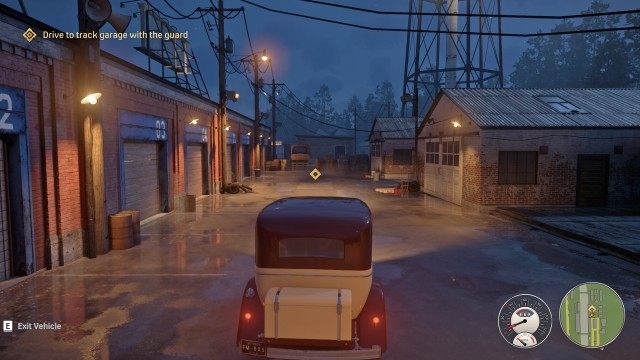 Drive to track garage with the guard / Follow guard / Get into race car