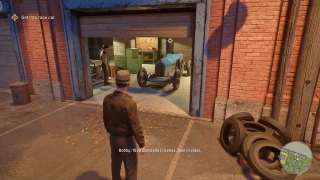 Drive to track garage with the guard / Follow guard / Get into race car