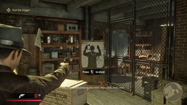Talk to Vincenzo / Take the gun / Pull the trigger / Take ammo from the crate / Reload gun / Holster gun