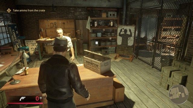 Talk to Vincenzo / Take the gun / Pull the trigger / Take ammo from the crate / Reload gun / Holster gun