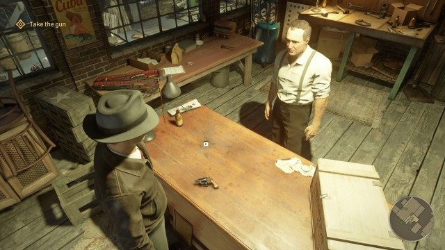 Talk to Vincenzo / Take the gun / Pull the trigger / Take ammo from the crate / Reload gun / Holster gun