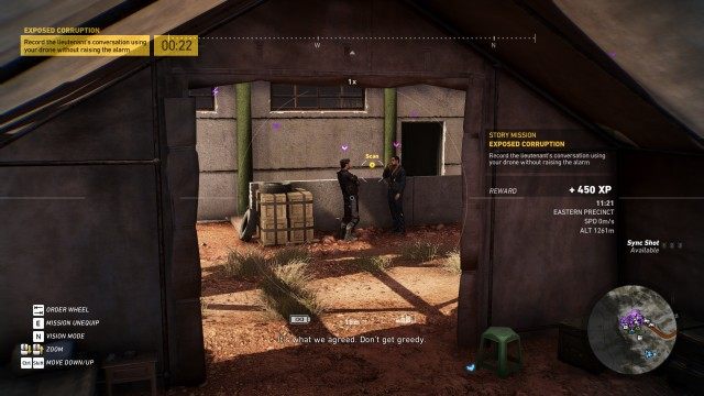 Record the lieutenant's conversation using your drone without raising the alarm