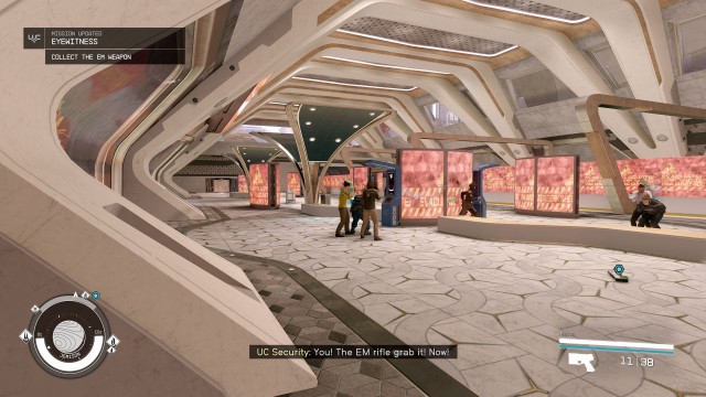 Listen to the guards / Collect the EM weapon / Equip the EM weapon