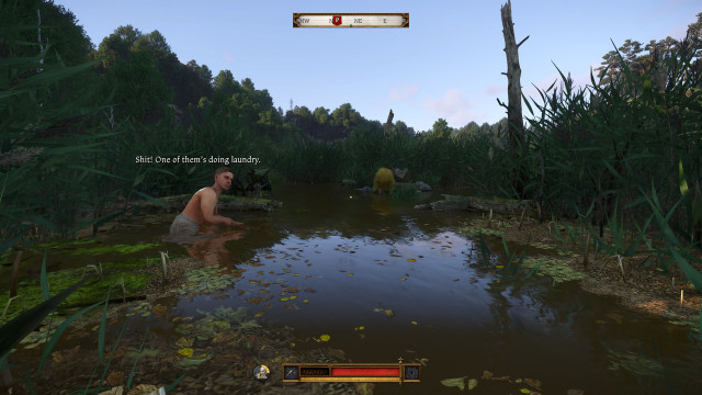 Cautiously follow Sir Hans along the bank.
