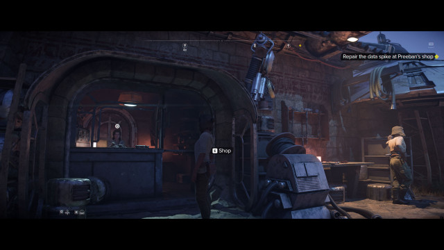 Repair the data spike at Preeban's shop. / Acquire credits to pay Preeban.