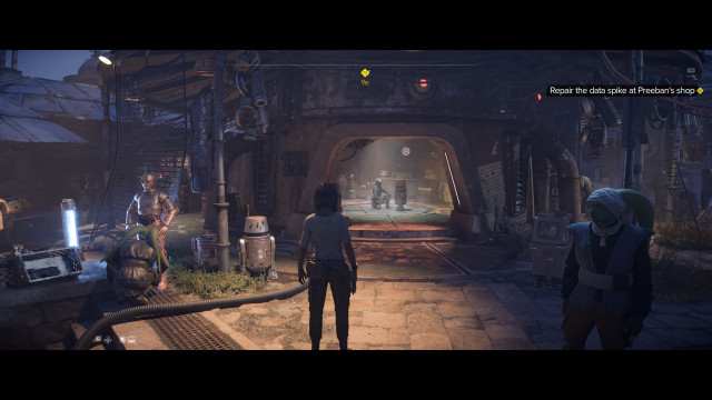 Repair the data spike at Preeban's shop. / Acquire credits to pay Preeban.