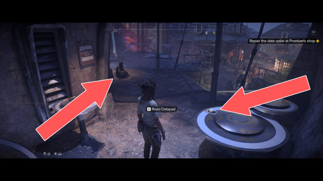 Repair the data spike at Preeban's shop. / Acquire credits to pay Preeban.