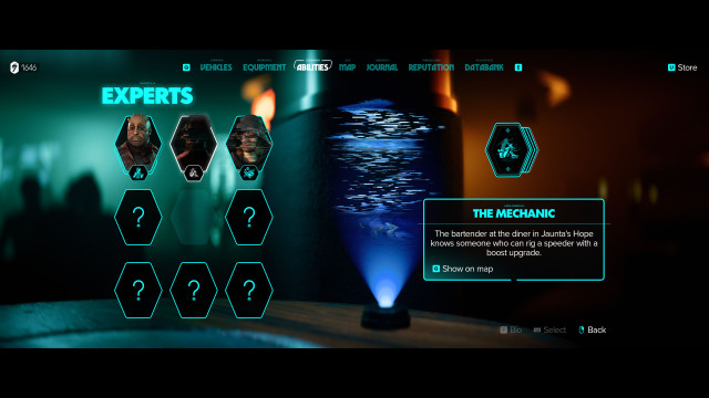 Find the mechanic and upgrade the speeder / Check the Abilities menu for clues.