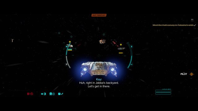 Travel to Tatooine Orbit. / Meet the Hutt convoy in Tatooine's orbit.