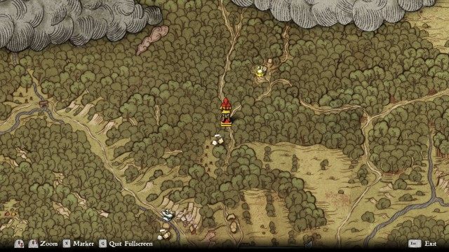 Go to the fork with the ruined cabin.