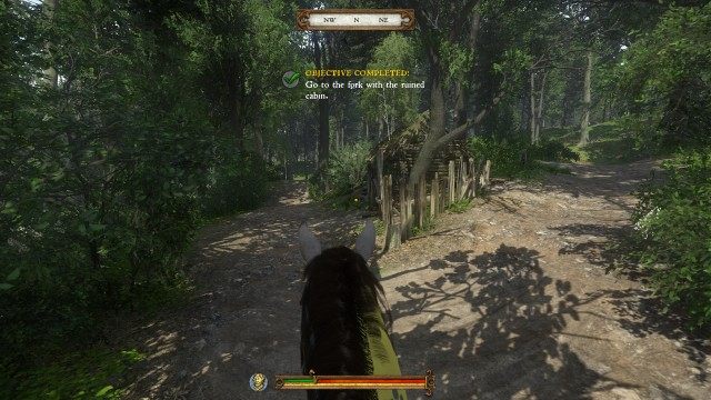 Go to the fork with the ruined cabin.